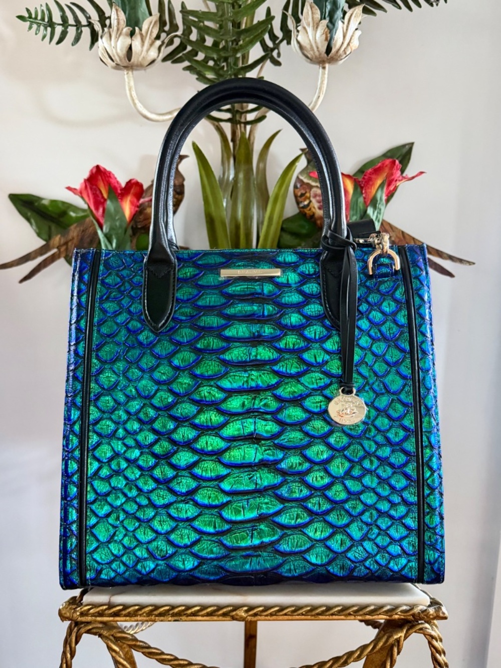๐๐ NWT Brahmin Emerald Lulia Caroline Metallic Blue Green Snake Print Bag ๐๐ - Picture 3 of 16